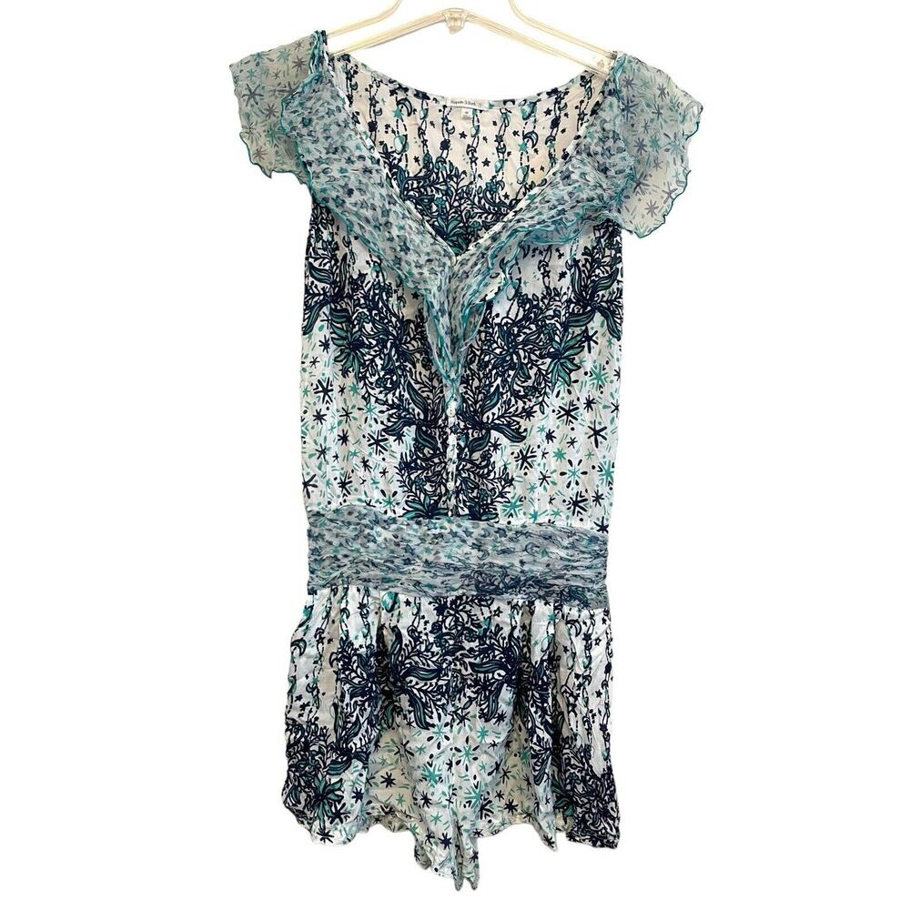 Poupette St. Barth Sleeveless Romper Size Medium Sheer Ruffle Blue Green Coverup